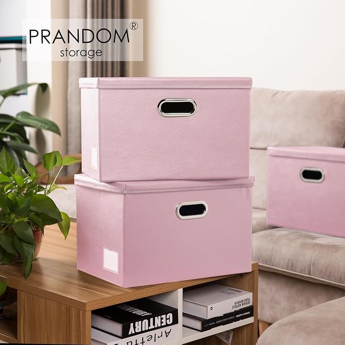 Foldable Storage Bins with Lids [5-Pack] Leather Fabric Collapsible Storage Boxes Organizer Containers Baskets Cube with Cover for Bedroom Closet Office Nursery Pink (14.9x10.8x10)
