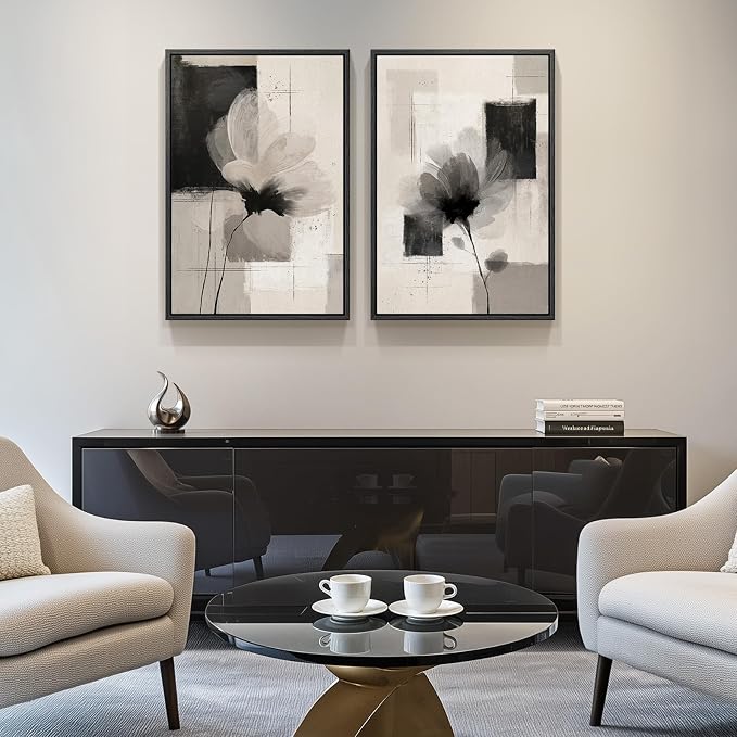 Framed Neutral Abstract Floral Wall Art, 2 Piece Black and Beige Minimalist Canvas Prints Paintings Artwork for Walls, Modern Elegant Pictures for Living Room Dining Room Bedroom Wall Decor 20x30 In