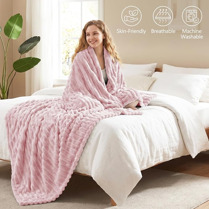 Pink Throw Blanket for Couch & Bed, 50 x 60 Inch | 300GSM Ribbed Fleece Blanket, Soft, Cozy & Lightweight, OEKO-TEX Certified, All-Season Use for Travel, Dorm & Home Decor