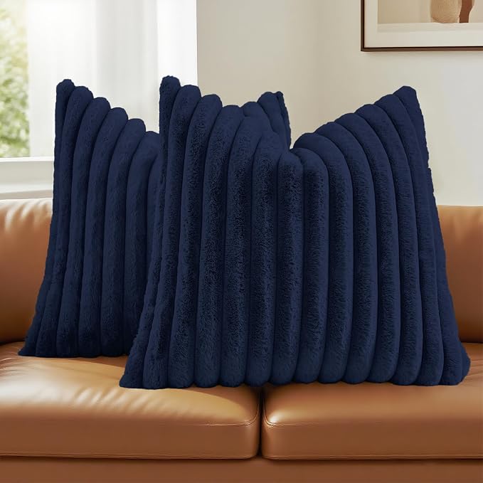 FUTEI Pack of 2 Faux Fur Throw Pillow Covers 26x26 Inch, Dark Navy | Fluffy Faux Rabbit Fur Front/Premium Velvet Back,Hidden Zipper,Machine Washable,Non-Shedding,Colorfast,Insert Not Included.