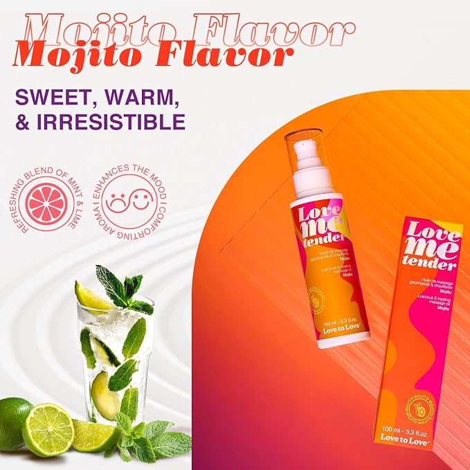Love Me Tender Luscious Hydrating Mojito Warming Massage Oil – Kissable Flavored Massage Oil for Couples Intimacy, Romantic Date Night, Couples Play, Sensual Body Oil, Intimacy Items 3.3 fl oz