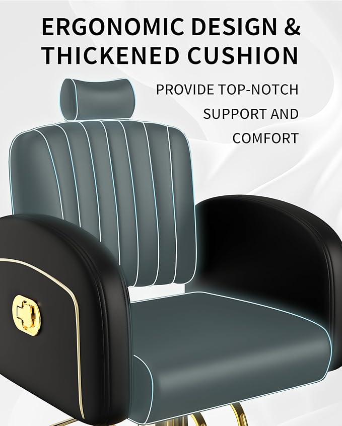 Baasha Black & Gold Reclining Salon Chair with Removable Headrest, Memory Foam Cushion, Heavy-Duty Hydraulic Barber Chair, Soft PU Leather, 440 lbs Capacity, for Haircut & Styling