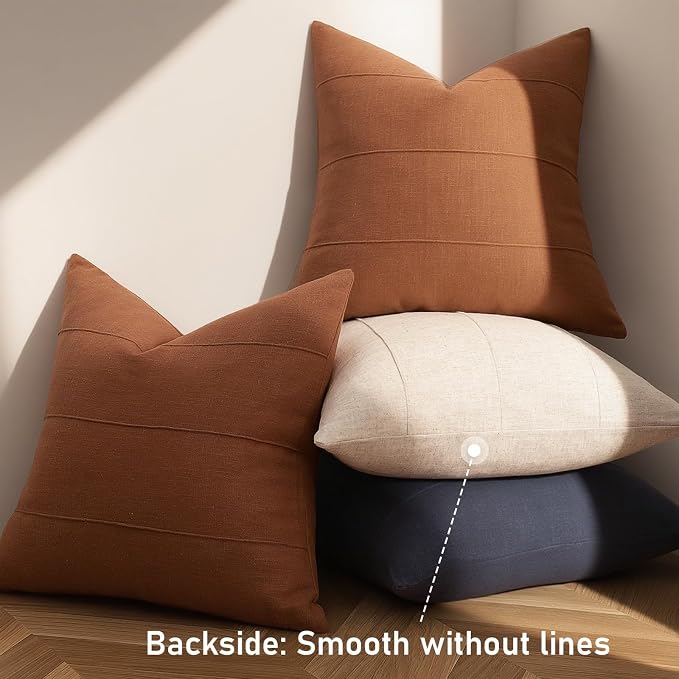Decorative Linen Throw Pillow Covers 16x16 Set of 2 Solid Handcrafted Striped Cushion Covers for Bed Soft Modern Farmhouse Neutral Pillowcase for Couch Bedroom Living Room Home Decor(Rust)