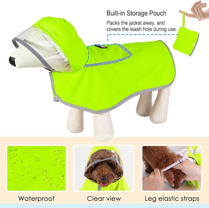 Lukovee Dog Raincoat, Waterproof Rain Jacket, Clear Hood & Reflective Rim | Easy On Off Adjustable Straps, Leash Hole, Soft Mesh Lining, Storage Pocket, Poncho for Small Medium Large Dogs (Green,3XL)