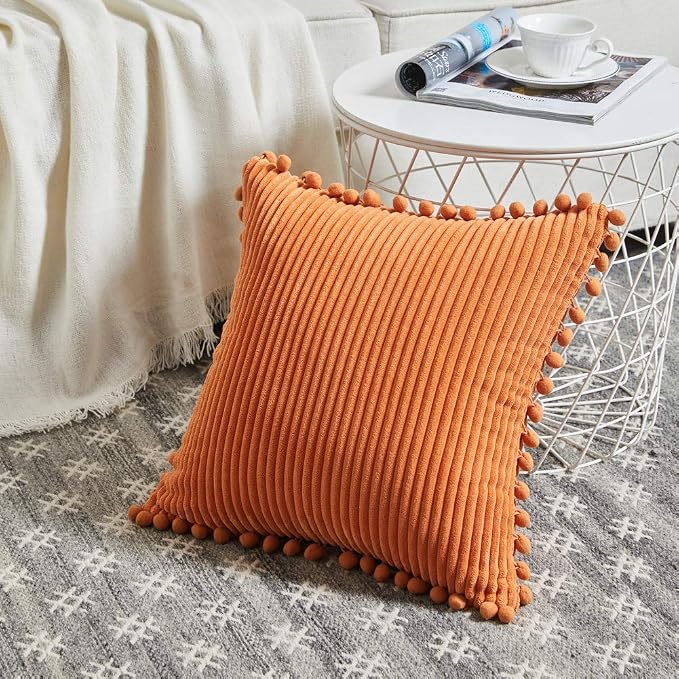Fancy Homi Pack of 2 Corduroy Fall Decorative Throw Pillow Covers with Pom-poms, Solid Square Cushion Case Pillow Cases Set for Couch Sofa Bedroom Car Living Room (16x16 Inch/40x40 cm, Orange)