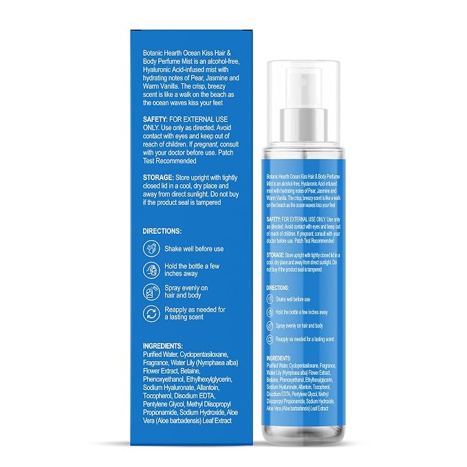Botanic Hearth Ocean Kiss Hair Perfume & Body Mist, Long-Lasting Hair Deodorizer & Body Scent for Women & Men, Alcohol-Free Clean Fragrance Hair Spray For Everyday Wear, All Day Freshness, 3.4 Fl Oz