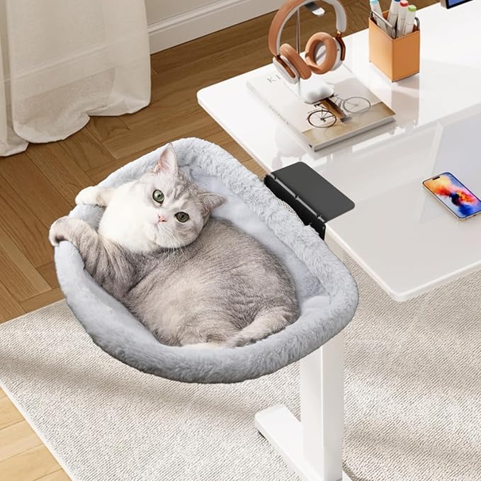 Extra-Sturdy Cat Desk Bed with Heavy-Duty Clamp | Sunken Hammock Design & Soft Faux Fur, Removable & Washable Cover, Holds Up to 40lbs, Space Saving Cat Perch