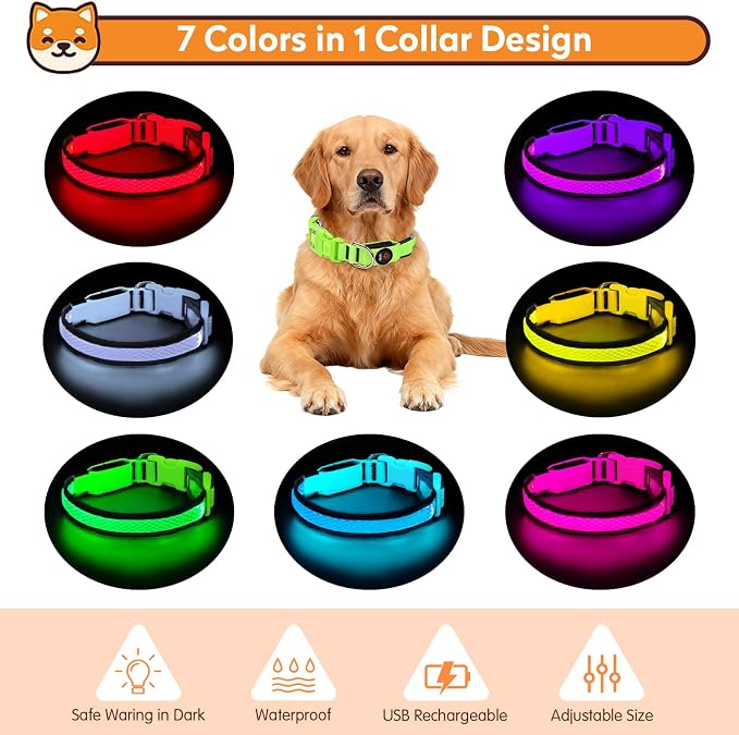 LED Dog Collar, Light Up Dog Collar,for Night Walking(Large,Green) | Adjustable,Bright RGB 7 Colors Light Glowing Collar,Waterproof,Nylon,Soft,For Medium and Large Dogs,USB C to Charge