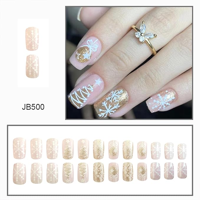 Medium Christmas Press on Nails Gold Glitter White Christmas Tree Snowflake False Nails Glossy Winter Xmas Glue on Nails Square Full Cover Acrylic Fake Nails for Women Girls