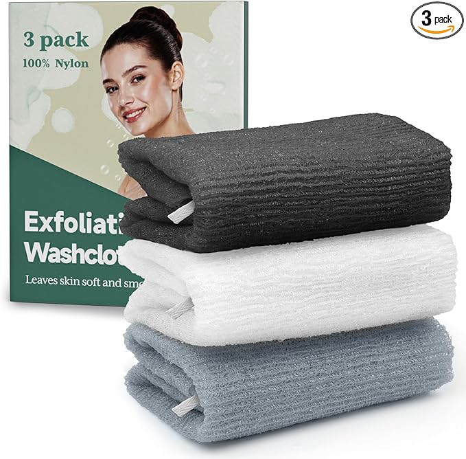 Bathway Exfoliating Washcloth, Nylon Bath Towel Body Scrubber with Hanging Strap, Back Scrubber for Shower Japanese Washcloth Loofah - Deep Clean & Rich Lather (Black & White & Gray, Pack of 3)
