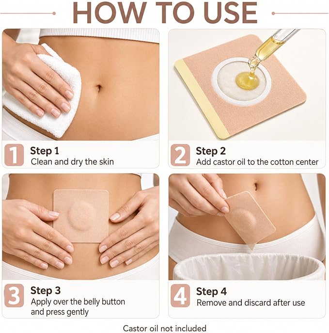 100Pcs Castor Oil Patches, Organic Cotton Castor Oil Pack Wrap Disposable Self-Adhesive Belly Button Patch Cover for Castor Oil, Mess-Free Anti Leakage No Wash Castor Oil Packs for Stomach