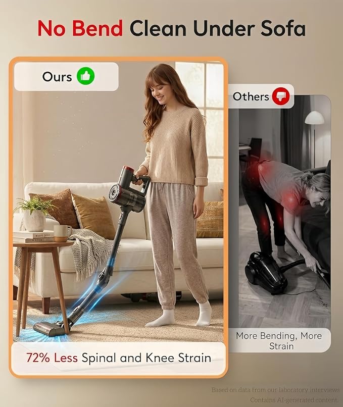 RONEAIR Cordless Vacuum Cleaner 40Kpa 45Min 6-in-1 Self-Standing | Bendable Wand Stick Vacuum,Anti-Tangle,1L,4 LED,Rechargeable for Pet Hair Carpet Hard Floors Dom Home Use ETL Certified