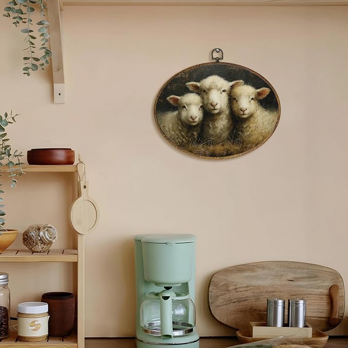 LKETW Vintage Sheep Oval Wall Art Decor, Neutral Cottagecore Lamb Oval Canvas Hanging Decor, Rustic Farmhouse Animal Wall Decorations For Home Living Room Farmhouse Gallery, 11.4x8.6 Inch
