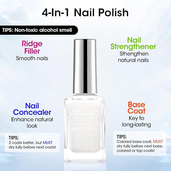 GELLEN 4-In-1 Illuminating Nail Concealer Base Coat Nail Polish Sheer Milky White | Quick Air Dry Calcium-Formula Regular Nail Polish Smooth Strengthen Natural Nails, Not UV Gel | Toxin TPO HEMA Free