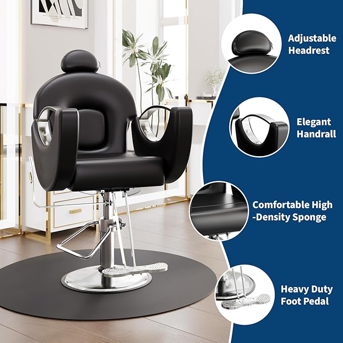 Barber Salon Chair, Reclining Salon Chair with Heavy Duty Hydraulic Pump, 360° Swivel and Height Adjustable, 330 LBS Capacity Spa Beauty Equipment Hairdresser Armchair for Barbershop- Black & Silver