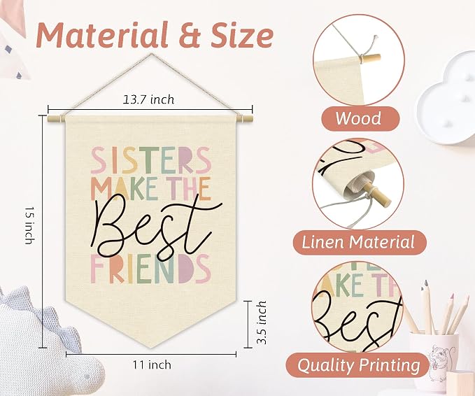 Girls Room Wall Art Decor,Cute Toddler Girl Room Pink Nursery Bedroom Playroom Canvas Banner Decorations,Sisters Make The Best Friends Wall Hanging Pennant Flag Banner for Teen Little Girls