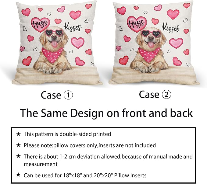 Valentine's Day Dog Pillow Covers 24X24 Inch Set of 2 Golden Retriever Hugs Kisses Pink Heart Decorative Pillow Cases Anniversary Wedding Cushion Case Valentine Party Home Decor for Sofa Couch