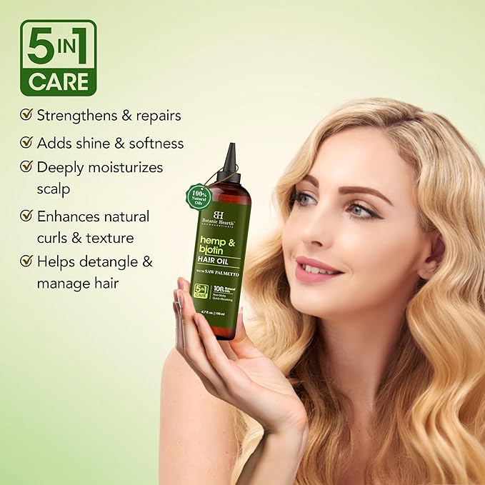 Botanic Hearth Hair Oil for Hair Growth & Hair Treatment Oils | Strengthening Dry, Frizzy, Damaged Hair & Scalp Treatment | Hemp & Biotin Hair Oil – 6.7 Fl Oz
