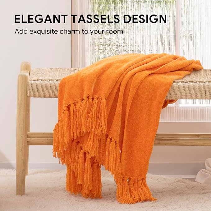 RECYCO Chenille Throw Blanket for Couch, 50"x60", Orange | Super Soft Knit Throw Blanket with Fringe Tassels, Lightweight Knitted Throw, Cozy, Ideal for Sofa Chair Bed Living Room Gift