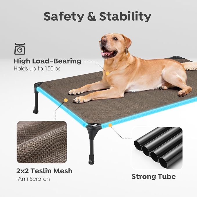 Veehoo 2 Pack Outdoor Elevated Dog Bed for Large Dogs, Cooling Raised Cots | Off-ground training platform, portable camping hammock, breathable mesh, easy to clean, no-tool setup, 42"x30", Brown