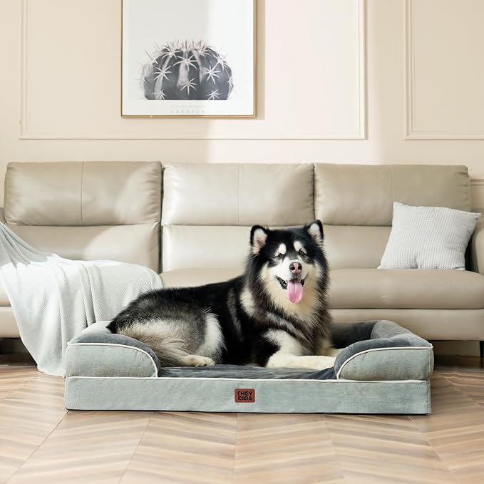 EHEYCIGA Orthopedic XXL Dog Bed, Waterproof Washable XL Big Pet Bed 48" | Non-Slip Bottom and Egg-Crate Memory Foam Extra Large Pet Couch Bed with Washable Removable Cover, Greyish Green