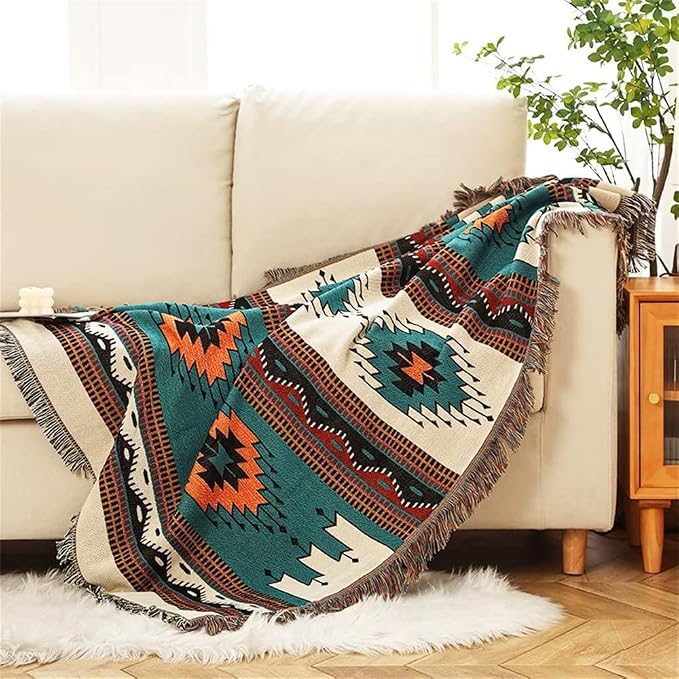 Homesy Aztec Throw Blanket Native Southwestern Bed Blankets 51"x63" Green | Southwest Decor,Boho Style,Sofa Chair Cover,Outdoor Beach Car Tent Travel Camping Use,Tapestry,Reversible and Tassels