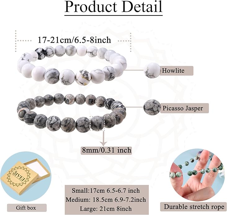 Bivei Natural Gemstone Semi Precious Healing Crystals Handmade Stretchy Round Beads Bracelet,Stocking Stuffers for Women Enhance Positive Energy