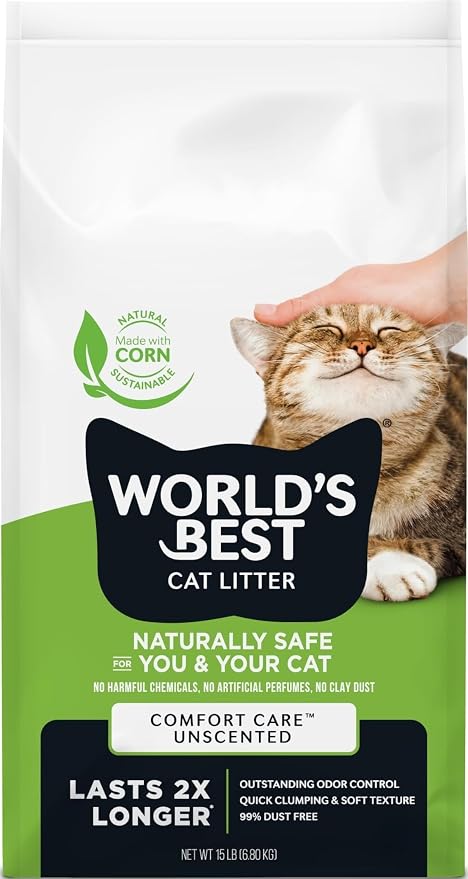 World's Best Cat Litter, Comfort Care, Unscented, Odor Control, 15 lb Bag | Gentle odor control for sensitive cats and lasts 2x longer; natural corn litter, quick clumping, flushable, 99% dust free