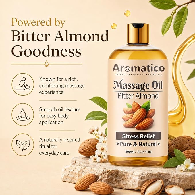 AROMATICO Almond Massage Oil. Hydrates & nourishes Skin, soothes Irritation, Improves Texture & Promotes Relaxation - 10 Fl Oz Rich in Vitamins & Essential Fatty acids, enhances Circulation.