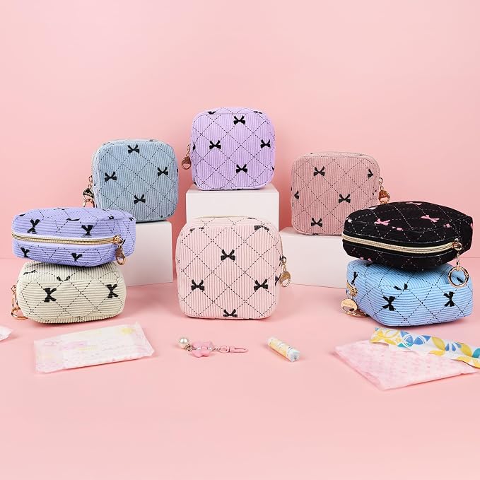 Period Bag for Teen Girls, Corduroy Cute Sanitary Napkin Storage Bag, Menstrual Pad Bag Tampon Holder for Purse (Pink-Bow Tie)