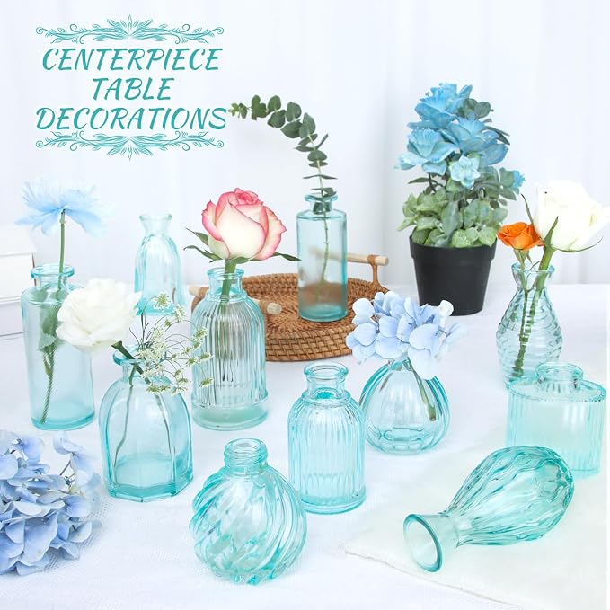 Bud Vases Set of 12 Blue Glass Vase for Decor | Small Vintage Flower Vase Ribbed Glass Bud Vases in Bulk Wedding Bridal Shower Party Centerpieces Home Room Table Decorations