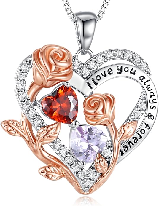 I Love You Birthstone Necklace, 925 Sterling Silver Heart Pendant with CZ Diamond Stones, Birthday Gifts for Women, Romantic Gift for Wife, Girlfriend, Her, Anniversary, Valentine's Day, Christmas