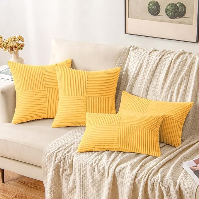 MIULEE Yellow Decorative Throw Pillow Covers for Couch 18x18 Inch | 2 Pack, Boho Farmhouse Pillow Covers, Soft Cross Corduroy Patchwork Textured Cushion Cases For Bed Sofa