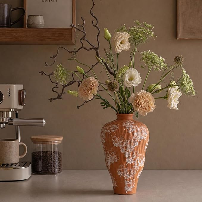 Rustic Farmhouse Terracotta Vase 11.8 inch, Handcrafted Unglazed Rough Clay Decorations with Distinct Natural Texture, Vintage Vase for Living Room Kitchen Bedroom Shelf Dining Mantel Decorations