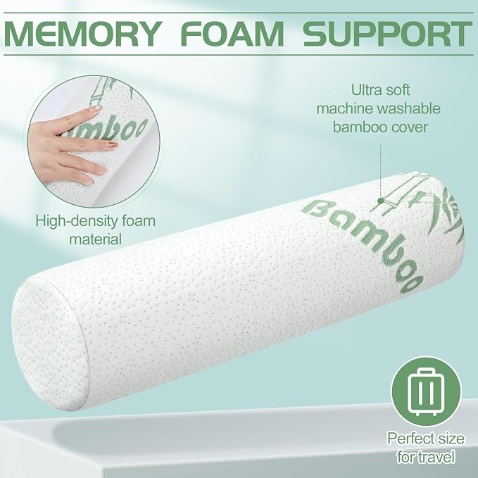 Bucherry 1 Pcs 18 x 4 Inches Cervical Neck Roll Memory Foam Pillow Cylinder Bolster Pillow for Bed Round Neck Support with Removable Washable Cover for Sleeping Travel Yoga Legs Back Lumbar