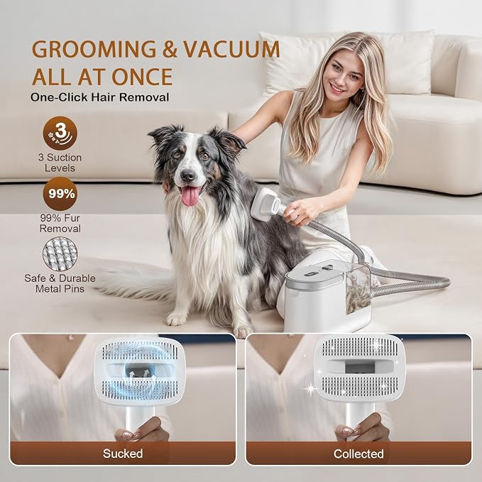 Dog Grooming Vacuum, Dog Grooming Kit, 3 Suction Modes Dog Brush Vacuum with 5 Pet Grooming Tools (Wheaten)