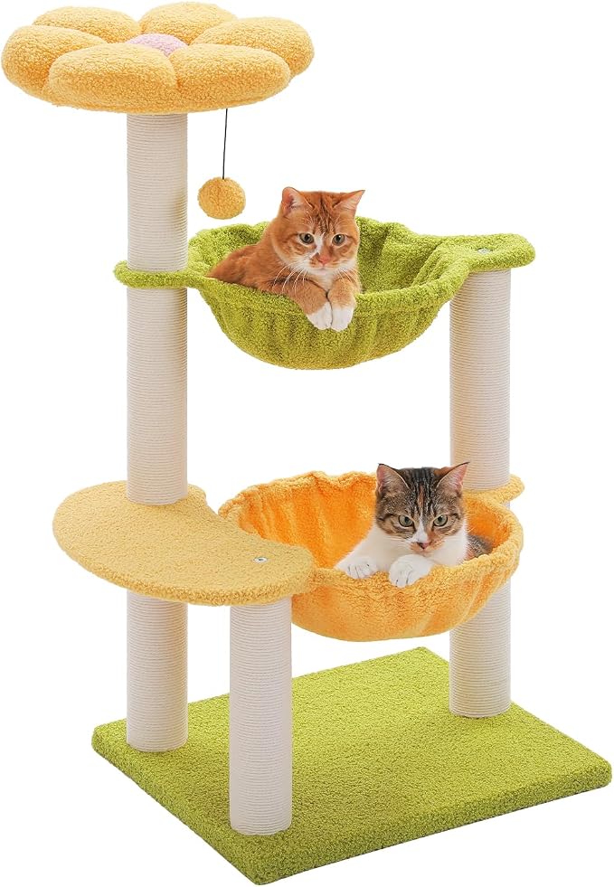 37.4" Flower Cat Tree with 2 Hammocks & 6 Sisal Posts, Yellow | Flower top perch, 2 spacious hammocks, 6 sisal posts, Cute small tower, For indoor kittens, Sturdy build