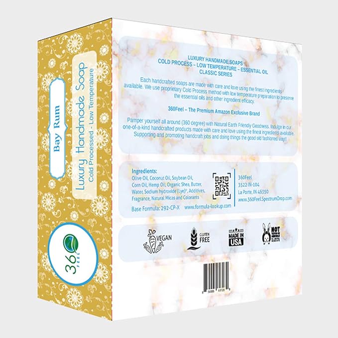 360 Feel Bay Rum Bar Soap - Made in the USA - Castile Handmade , All-Natural, Cold-Processed - Bay Rum Essential Oil - Moisturizing with a Spicy Scent - Calm - Rich, Creamy Lather - (5oz, 4-Pack)