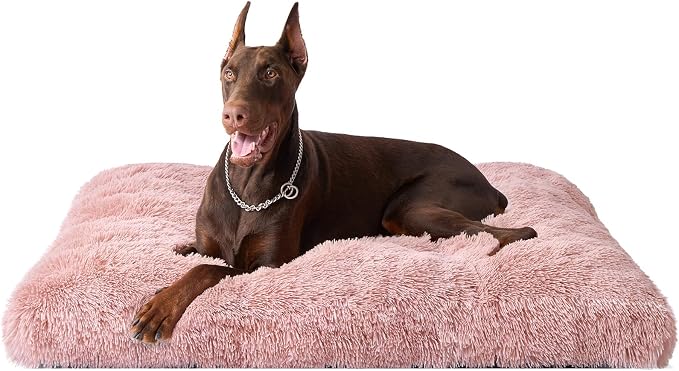 EHEYCIGA Fluffy Dog Crate Bed, Plush XX Large Dog Pillow, Pink | Xlarge Calming Anti Anxiety Plush Faux Fur Mat for Large size dogs, Washable Soft Warm Dog Pad with Non-Slip Bottom