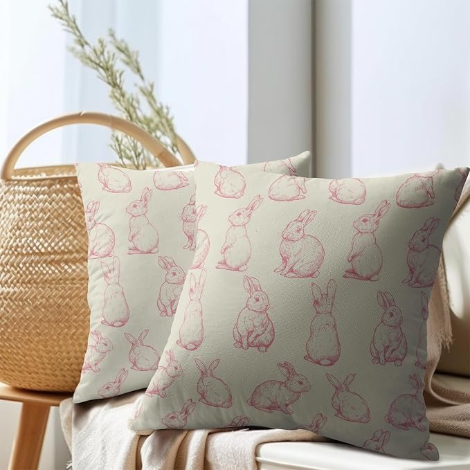 Kawani Easter Bunny Throw Pillow Covers 18x18 Inch Set of 2 Vintage Pink Rabbits Rustic Decorative Pillowcase Square Cotton Linen Cushion Case for Sofa Bed Couch Porch Outdoor Home Decor