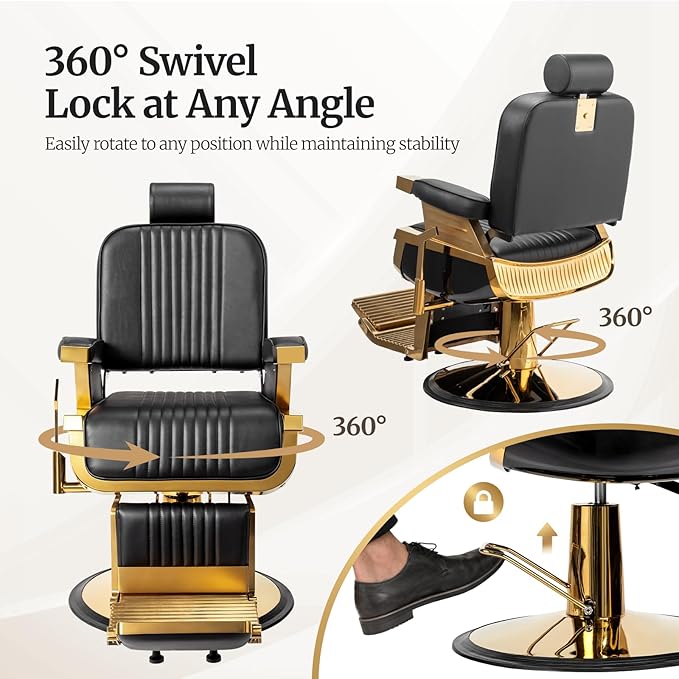 Winado Heavy Duty Vintage Barber Chair, Hydraulic Reclining Salon Chairs for Hair Stylist with Footrest & Headrest, 360° Swivel All Purpose Chair Salon Beauty Spa Shampoo Equipment, Black & Gold