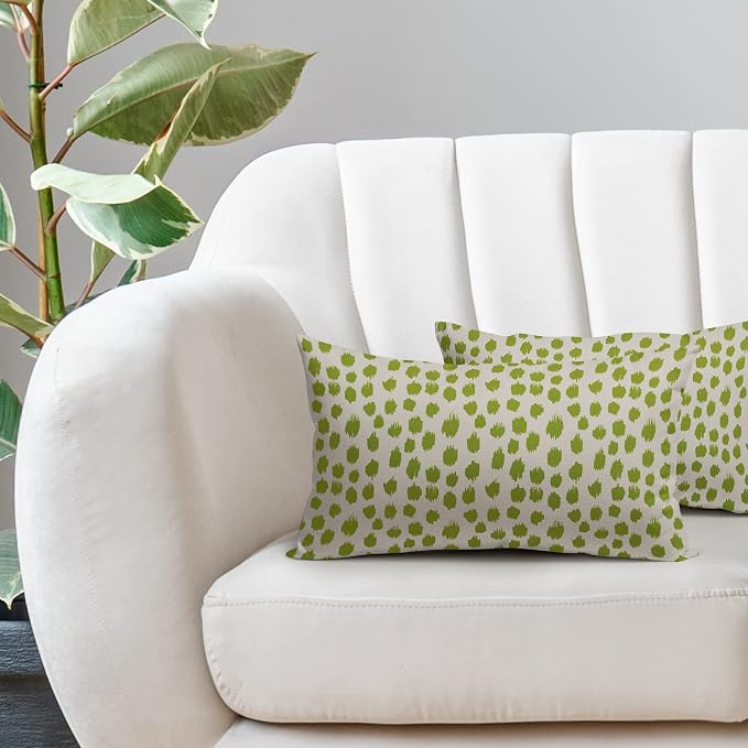 Lime Green Cream Boho Design Polka Dot Throw Pillows 12x20 Set of 2 Modern Brush Strokes Print Decorative Outdoor Pillowcase Lumbar Cushion Cover Linen Pillow Case for Sofa Couch Bed