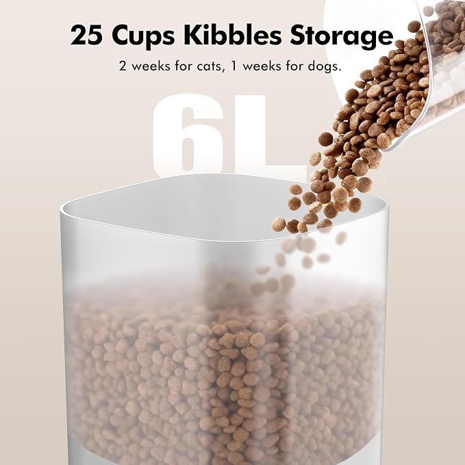 Automatic Cat Feeder for 2 Cats, 6L Large Capacity, 2.4G WiFi, APP Control | Timed Cat Dry Food Dispenser for Cats & Dogs with 2 Stainless Steel Bowls, Dual Power Supply, 10s Voice Recorder