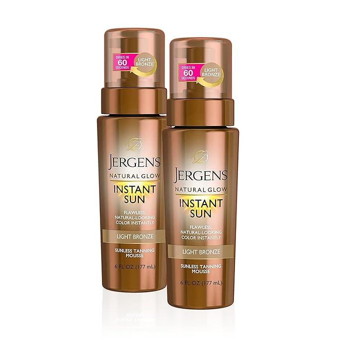 Jergens Natural Glow Instant Sun Body Mousse, Self Tanner for Deep Bronze Tan, Sunless Tanning Body Bronzer for Natural Looking Color Instantly, 6 Oz, Pack of 2