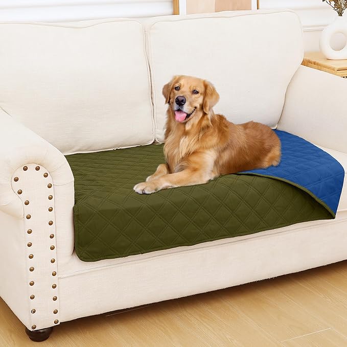 Smiry Waterproof Reversible Pet Couch Covers for Dogs | Pet Friendly, Soft Fabric, Washable Sofa Furniture Protector for Dogs Cat Kids, Checkered (30"x53", Green/Navy)