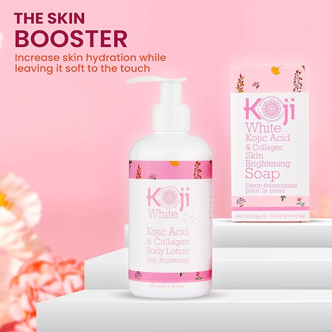 Koji White Kojic Acid & Collagen Body Lotion, Women Gifts Set for Skin Brightening with Arbutin, Glowing Skin, Moisturizer & Radiant Complexion, Uneven Skin Tone - Vegan, 8.45 Fl Oz (2 Packs)