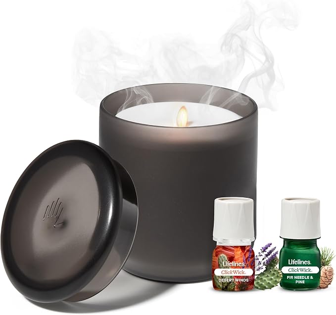 Lifelines Flameless Candle Aromatherapy Essential Oil Diffuser with 2 ClickWick Essential Oil Blends - Cordless & Waterless Diffuser for Home - Scented Electric Candles Blow Out Flame – Charcoal