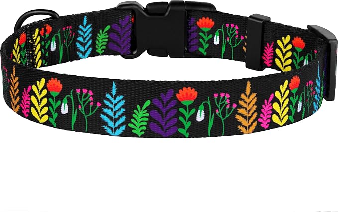 Nylon Dog Collar Floral Pattern Black 14-18 inch