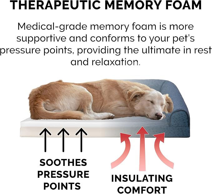 Furhaven Memory Foam Dog Bed for Large/Medium Dogs w/ Removable Bolsters & Washable Cover, For Dogs Up to 55 lbs - Plush & Almond Print L Shaped Chaise - Blue Almonds, Large
