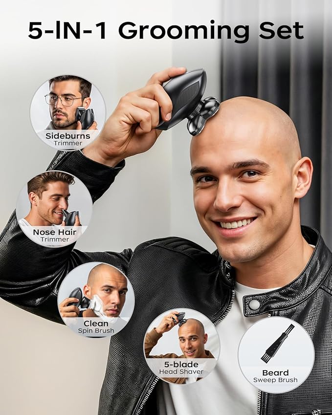 Electric Razor for Men, 5-in-1 Multi-Function Electric Shavers for Men, IPX7 Waterproof Bald Head Shaver with LED Display, Rechargeable Beard Trimmer Body Hair Trimmer, Ideal Gifts for Husband (Black)